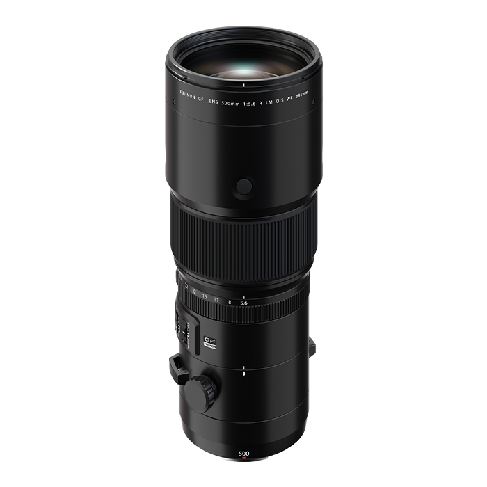 Fujifilm GF 500mm f/5.6 R LM OIS WR super-telephoto prime lens, front view on white background