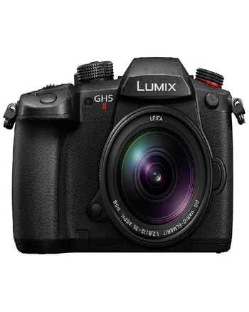Front view of Panasonic GH5 Mark II with Leica DG 12-35mm f/2.8 Power OIS lens attached