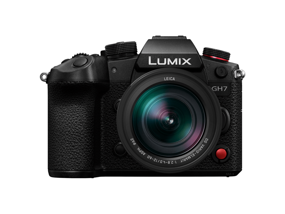 Front view of Panasonic Lumix GH7 mirrorless camera with Leica 12-60mm f/2.8-4.0 lens attached