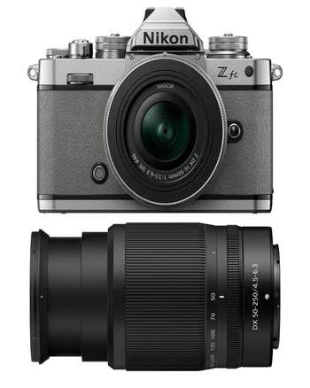 Nikon Z fc grey mirrorless camera with 16-50mm lens and separate NIKKOR Z DX 50-250mm telephoto zoom