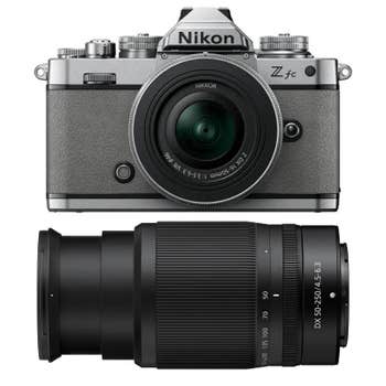 Nikon Z fc grey mirrorless camera with 16-50mm lens and separate NIKKOR Z DX 50-250mm telephoto zoom