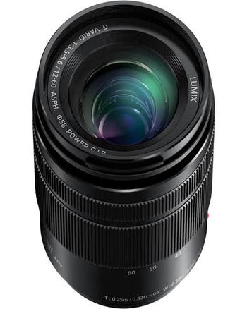 Panasonic Lumix G 12-60mm f/3.5-5.6 lens, angled view showing zoom and focus rings
