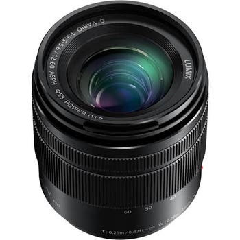Panasonic Lumix G 12-60mm f/3.5-5.6 lens, angled view showing zoom and focus rings
