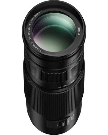 Panasonic Lumix G 100-300mm f/4-5.6 II ASPH Power OIS telephoto zoom lens, angled top view