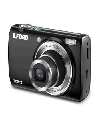 Ilford PIXI-Z black digital camera with extended 5x optical zoom lens, front angled view