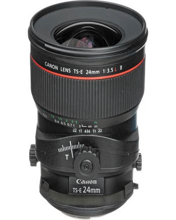 Front view of Canon TS-E 24mm f/3.5L II tilt shift wide angle lens