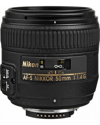 Front side view of Nikon AF-S NIKKOR 50mm f/1.4G prime lens showing focus scale and AF switch