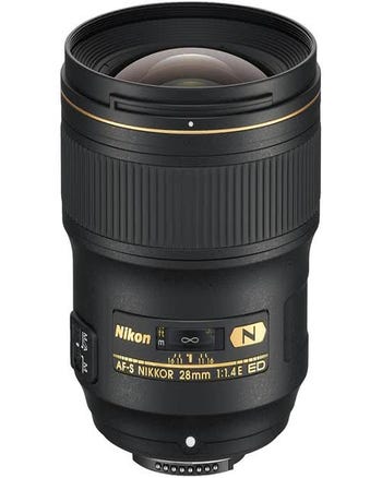 Nikon AF-S NIKKOR 28mm f/1.4E ED wide-angle prime lens front angled view