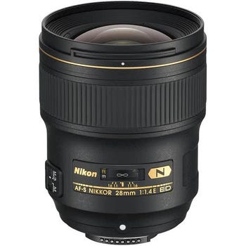 Nikon AF-S NIKKOR 28mm f/1.4E ED wide-angle prime lens front angled view