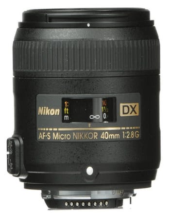 Front view of Nikon AF-S DX Micro NIKKOR 40mm f/2.8G macro lens showing focus scale and DX branding
