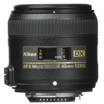 Front view of Nikon AF-S DX Micro NIKKOR 40mm f/2.8G macro lens showing focus scale and DX branding