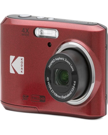 Red Kodak 4X Zoom CMOS compact digital camera FZ45RD, front angle with extended lens and flash