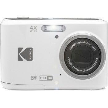 Front view of white Kodak PIXPRO FZ45 compact digital camera with 4x wide zoom lens and flash