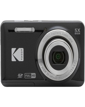 Front view of black Kodak FZ55 compact digital camera with 5x wide zoom lens and flash