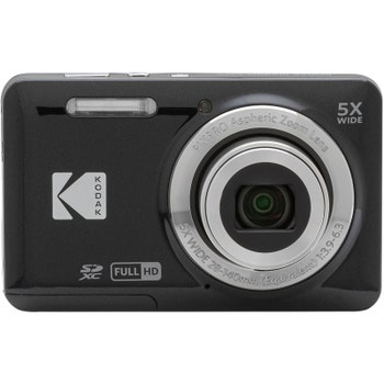 Front view of black Kodak FZ55 compact digital camera with 5x wide zoom lens and flash