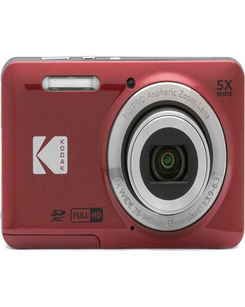 Front view of red Kodak FZ55 compact digital camera with 5x wide zoom lens and flash