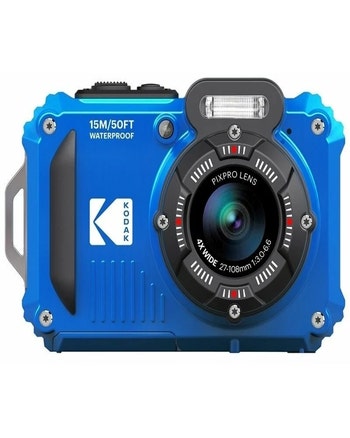 Front view of blue Kodak 4X Waterproof Digital Camera WPZ2 with 4x wide PIXPRO lens and flash