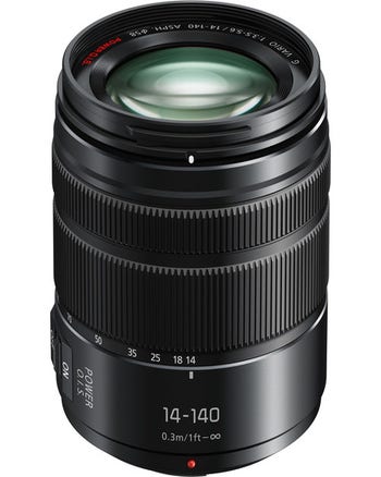 Panasonic Lumix G Vario 14-140mm F3.5-5.6 II POWER O.I.S. lens, front angled view