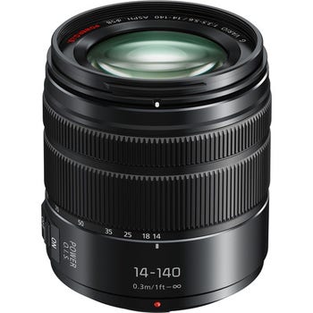 Panasonic Lumix G Vario 14-140mm F3.5-5.6 II POWER O.I.S. lens, front angled view