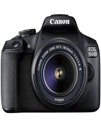 Canon EOS 1500D DSLR camera front view with EF-S 18-55mm III kit lens attached