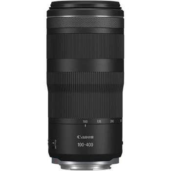 Front-on view of Canon RF 100-400mm f/5.6-8 IS USM lens with focal length markings