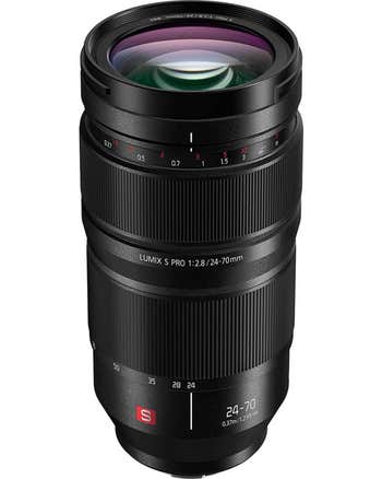 Panasonic Lumix S Pro 24-70mm f/2.8 L Mount zoom lens, front angled product view