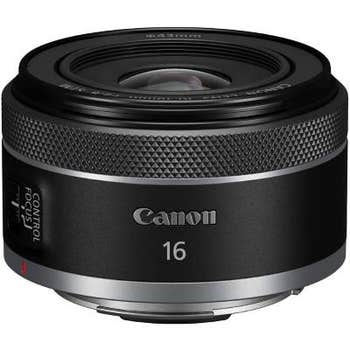 Canon RF 16mm f/2.8 STM ultra‑wide prime lens, front angled view showing compact, lightweight design
