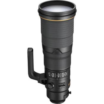 Nikon AF-S 500mm f/4.0 FL ED VR super-telephoto lens with tripod collar, front angled view