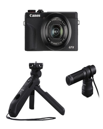 Canon G7x Mark III Vlog Kit with compact camera, mini tripod grip and external microphone