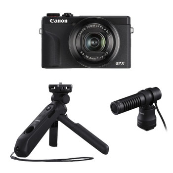 Canon G7x Mark III Vlog Kit with compact camera, mini tripod grip and external microphone