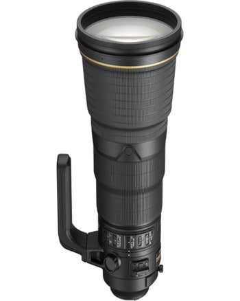 Nikon AF-S NIKKOR 400mm f/2.8E FL ED VR super-telephoto lens with tripod collar, front angled view