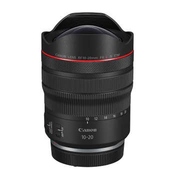 Canon RF 10-20mm f/4L IS STM ultra-wide zoom lens with red ring, front view on white background