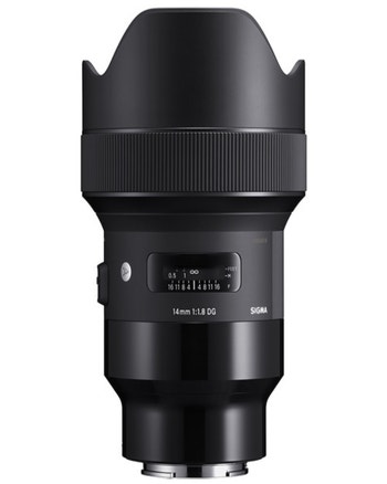 Sigma 14mm f/1.8 DG HSM Art wide-angle prime lens for Sony E-mount, front view with built-in hood