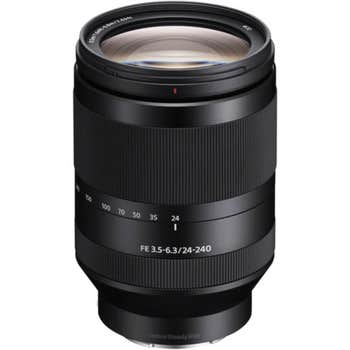 Sony FE 24-240mm f/3.5-6.3 OSS full-frame zoom lens, angled view showing zoom markings and focus ring