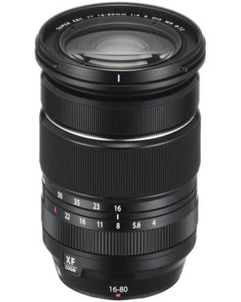 Fujifilm XF 16-80mm f/4 R OIS WR zoom lens standing upright, showing zoom and aperture rings