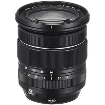 Fujifilm XF 16-80mm f/4 R OIS WR zoom lens standing upright, showing zoom and aperture rings