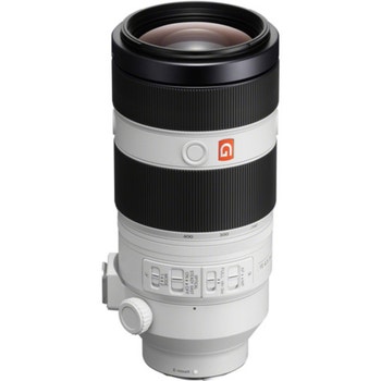 Sony FE 100-400mm f/4.5-5.6 GM OSS telephoto zoom lens standing upright, showing controls and tripod collar