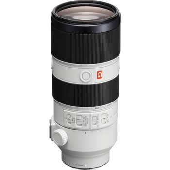 Sony FE 70-200mm f/2.8 GM OSS telephoto zoom lens standing upright, showing controls and tripod collar