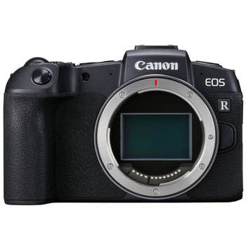 Canon EOS RP mirrorless camera body front view showing full-frame sensor and RF lens mount