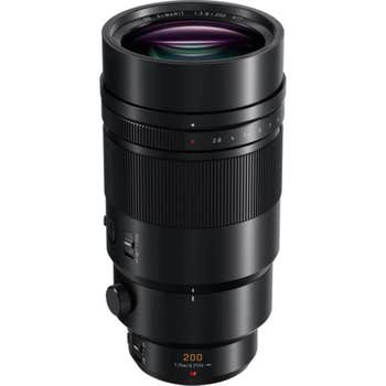 Panasonic Leica DG Elmarit 200mm f/2.8 telephoto lens with tripod collar, standing upright