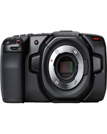 Front view of Blackmagic Pocket Cinema Camera 4K body showing Micro Four Thirds lens mount and sensor.