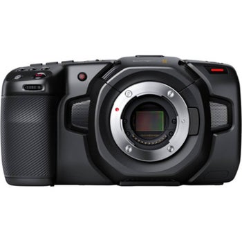 Front view of Blackmagic Pocket Cinema Camera 4K body showing Micro Four Thirds lens mount and sensor.