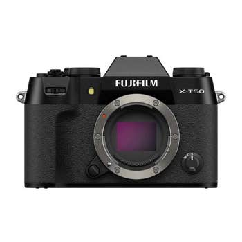 Fujifilm X-T50 mirrorless camera body in black, straight-on front view showing exposed sensor mount