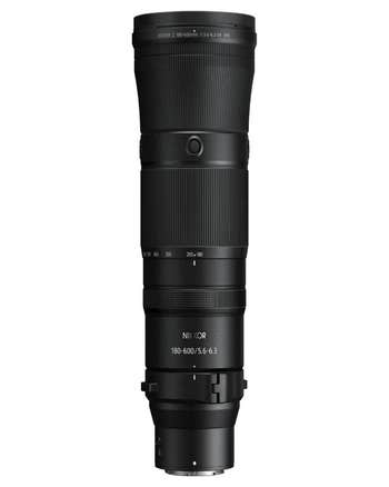 Nikon Nikkor Z 180-600mm f/5.6-6.3 VR super-telephoto zoom lens, front view on white background