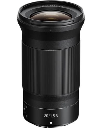 Front view of Nikon Nikkor Z 20mm f/1.8 S wide-angle prime lens standing upright