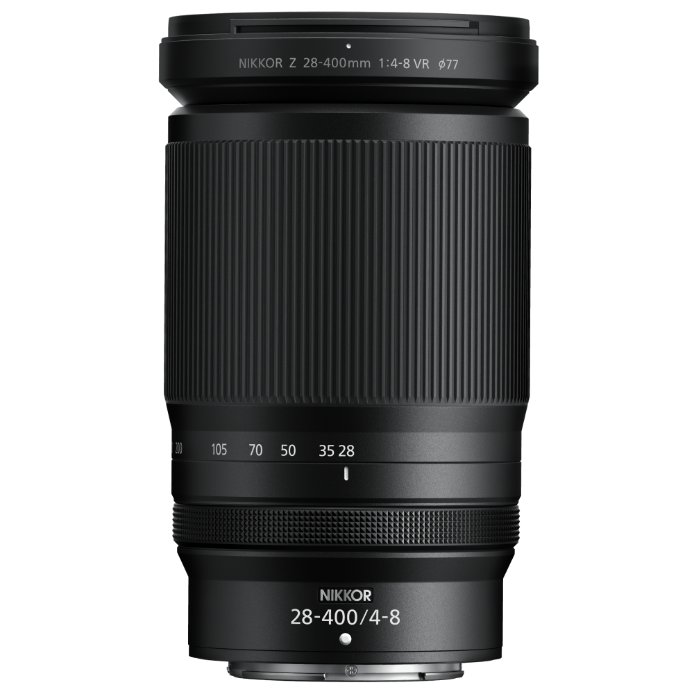 Nikon NIKKOR Z 28-400mm f/4-8 VR zoom lens, front view showing focal length markings
