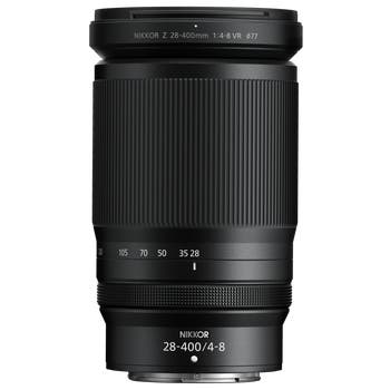 Nikon NIKKOR Z 28-400mm f/4-8 VR zoom lens, front view showing focal length markings