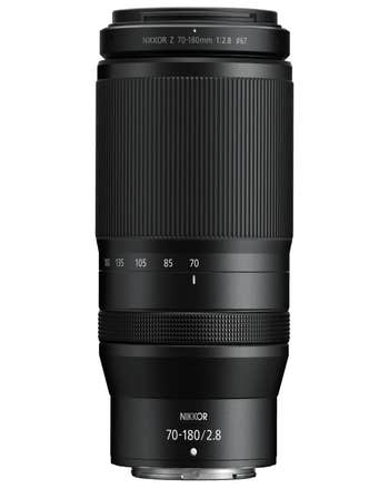 Nikon Nikkor Z 70-180mm f/2.8 telephoto zoom lens standing upright, showing zoom markings and Z-mount