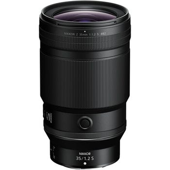 Nikon Nikkor Z 35mm f/1.2 S prime lens with control ring and L-Fn button, front view on white background