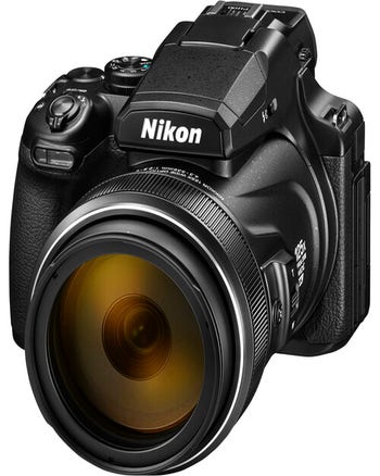Nikon Coolpix P1100 digital compact camera front angle with large 125x zoom lens